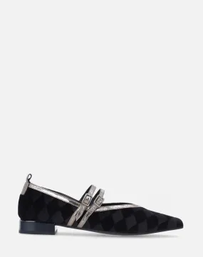 Zapato flat en terciopelo de apariencia rombos color negro  con doble  correa para mujer